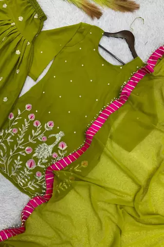 mehendi color embroidery and sequin work faux georgette kurti dhoti set