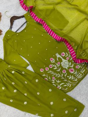 mehendi color embroidery and sequin work faux georgette kurti dhoti set 3