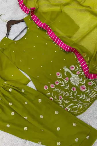mehendi color embroidery and sequin work faux georgette kurti dhoti set