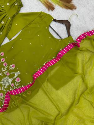 mehendi color embroidery and sequin work faux georgette kurti dhoti set 4