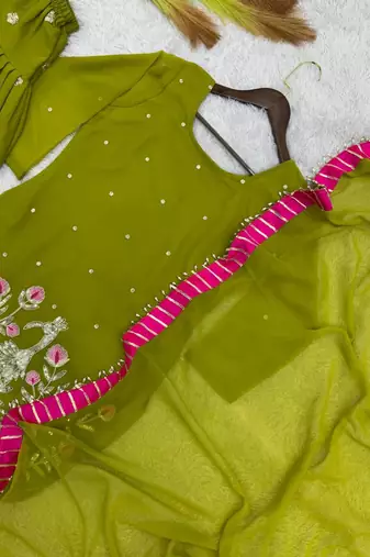 mehendi color embroidery and sequin work faux georgette kurti dhoti set