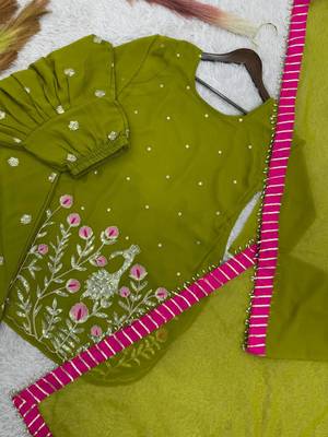 mehendi color embroidery and sequin work faux georgette kurti dhoti set 5