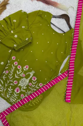 mehendi color embroidery and sequin work faux georgette kurti dhoti set
