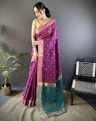 Women's purple cotton silk banarasi saree with unstitched blouse 1