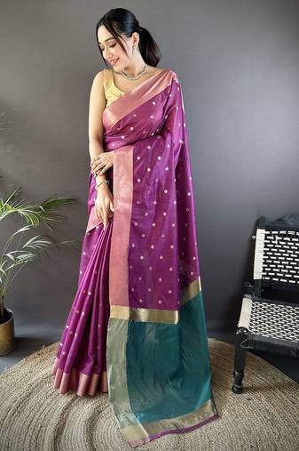 women's purple cotton silk blend saree with unstitched blouse