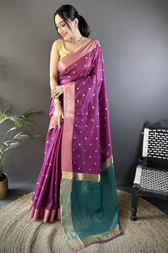 women's purple cotton silk blend saree with unstitched blouse