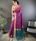 Women's purple cotton silk banarasi saree with unstitched blouse