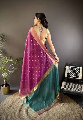 Women's purple cotton silk banarasi saree with unstitched blouse 2
