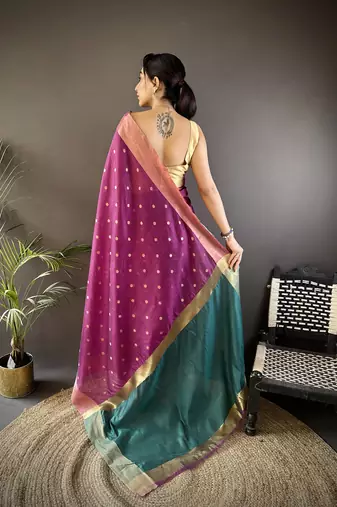 women's purple cotton silk blend saree with unstitched blouse