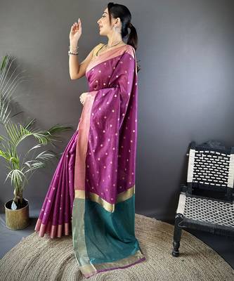 Women's purple cotton silk banarasi saree with unstitched blouse 3
