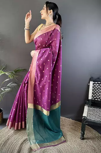 women's purple cotton silk blend saree with unstitched blouse