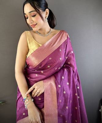 Women's purple cotton silk banarasi saree with unstitched blouse 4