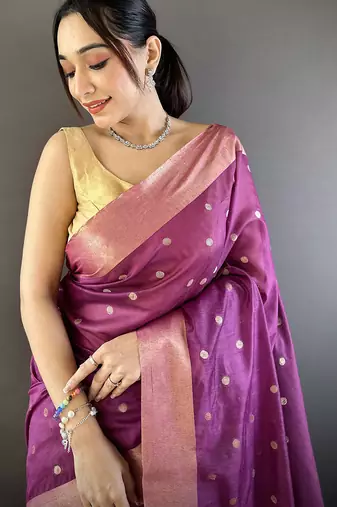 women's purple cotton silk blend saree with unstitched blouse