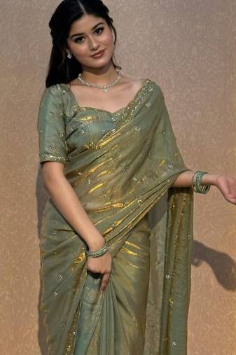 Women's rose gold satin silk partywear saree with unstitched blouse