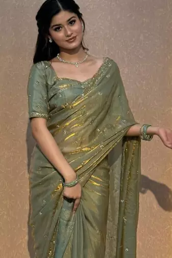 Women's rose gold satin silk partywear saree with unstitched blouse