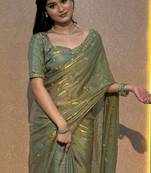 Women's rose gold satin silk partywear saree with unstitched blouse