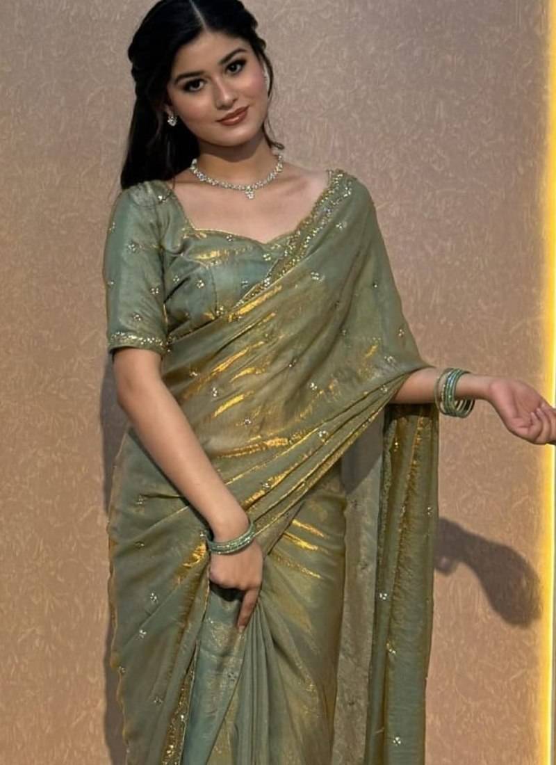 Women's rose gold satin silk partywear saree with unstitched blouse