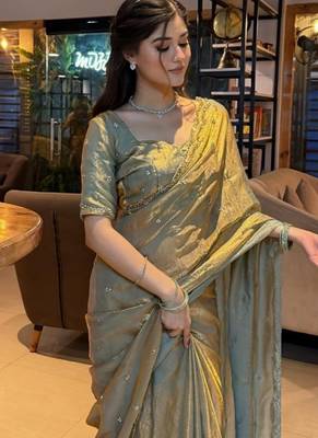 Women's rose gold satin silk partywear saree with unstitched blouse 2