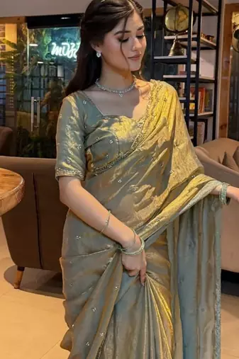Women's rose gold satin silk partywear saree with unstitched blouse