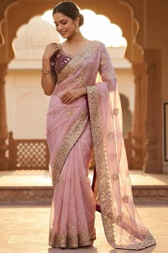 women's pink satin silk blend partywear saree with unstitched blouse