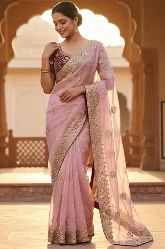 women's pink satin silk blend partywear saree with unstitched blouse