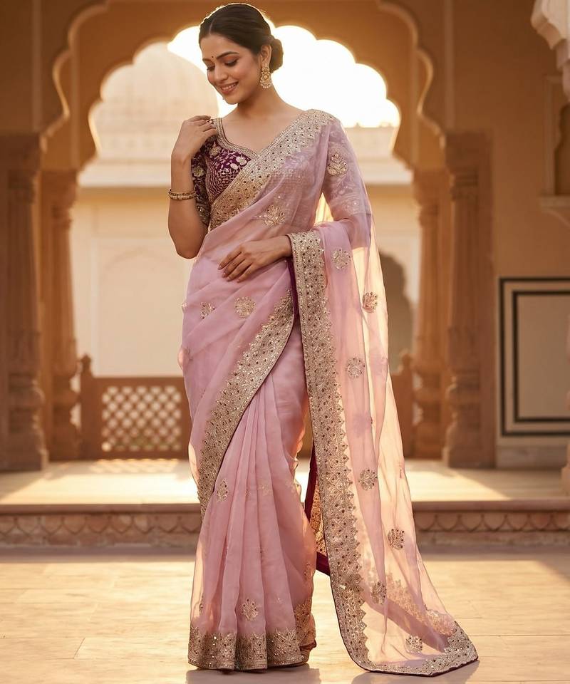 Women's pink satin silk partywear saree with unstitched blouse