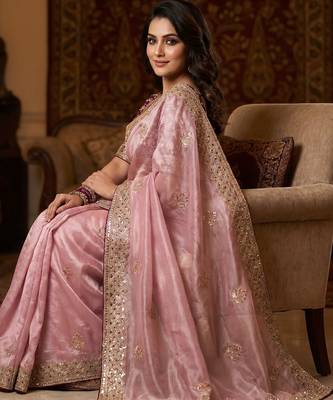 Women's pink satin silk partywear saree with unstitched blouse 2