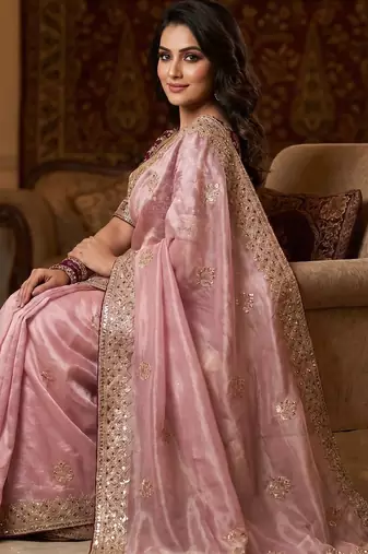 women's pink satin silk blend partywear saree with unstitched blouse