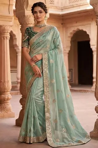 women's pista satin silk blend partywear saree with unstitched blouse