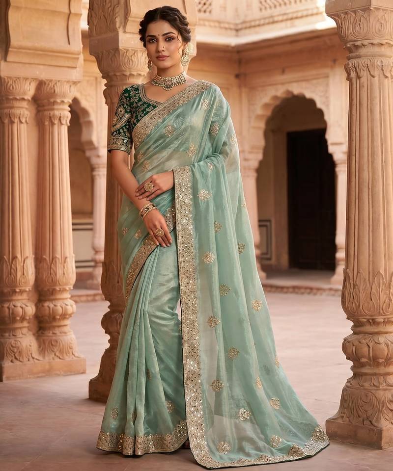 Women's pista satin silk partywear saree with unstitched blouse