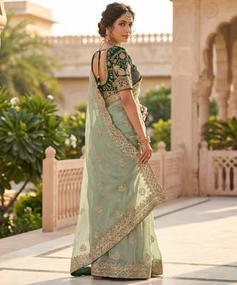 Women's pista satin silk partywear saree with unstitched blouse 2