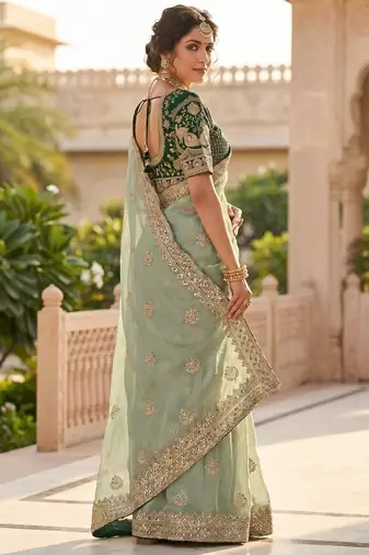 women's pista satin silk blend partywear saree with unstitched blouse