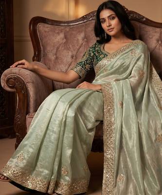 Women's pista satin silk partywear saree with unstitched blouse 3