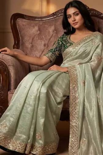 women's pista satin silk blend partywear saree with unstitched blouse