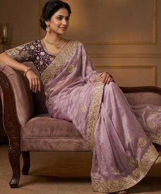 Women's purple satin silk partywear saree with unstitched blouse 1