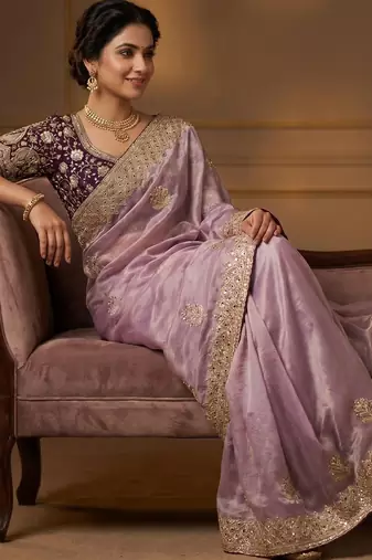 women's purple satin silk blend partywear saree with unstitched blouse