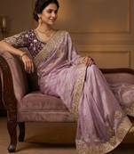 Women's purple satin silk partywear saree with unstitched blouse