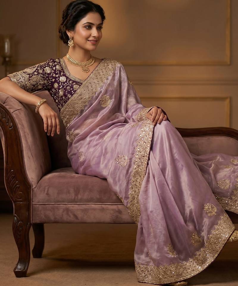 Women's purple satin silk partywear saree with unstitched blouse