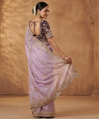 Women's purple satin silk partywear saree with unstitched blouse 2