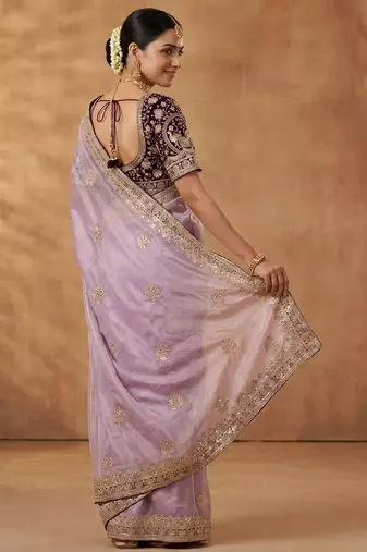 women's purple satin silk blend partywear saree with unstitched blouse