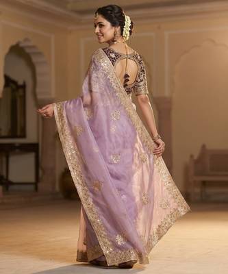 Women's purple satin silk partywear saree with unstitched blouse 3