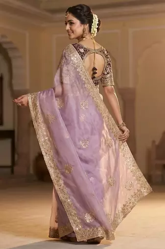 women's purple satin silk blend partywear saree with unstitched blouse