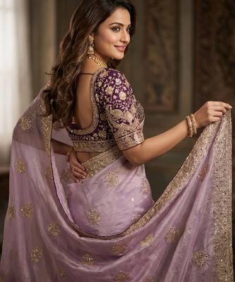 Women's purple satin silk partywear saree with unstitched blouse 4