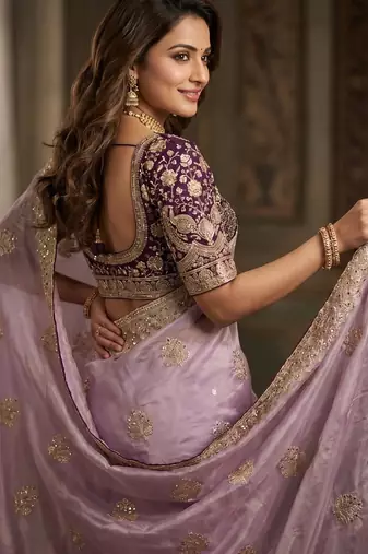 women's purple satin silk blend partywear saree with unstitched blouse