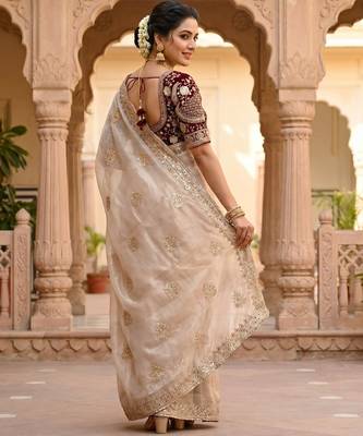 Women's rust satin silk partywear saree with unstitched blouse 1
