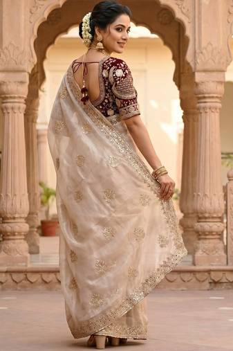 women's rust satin silk blend partywear saree with unstitched blouse