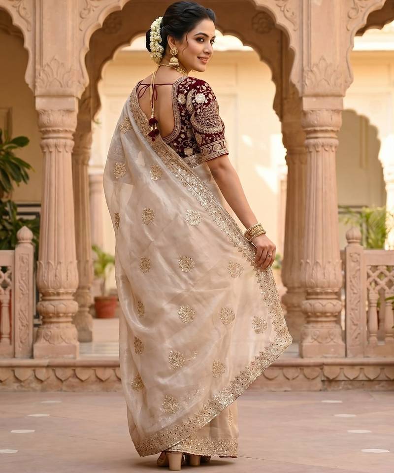Women's rust satin silk partywear saree with unstitched blouse
