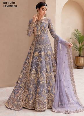 Lavender net semi stitched anarkali suit with embroidery & stone work 2