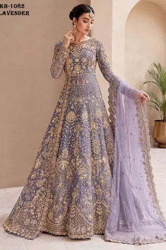 Lavender net semi stitched anarkali suit with embroidery & stone work