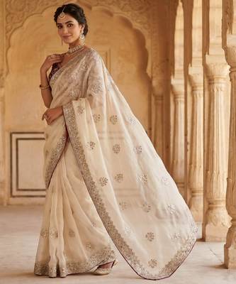 Women's rust satin silk partywear saree with unstitched blouse 2
